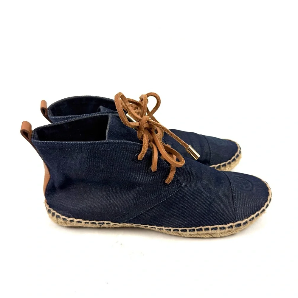 Tory‎ Burch High Top Denim Espadrille Shoes 8 Lace Up Bootie Womens Designer